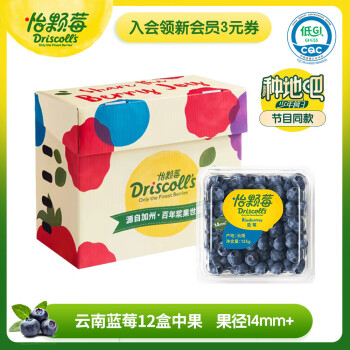 Driscoll\'s 怡顆莓 當(dāng)季云南藍(lán)莓14mm+ 12盒原箱裝 125g/盒 生鮮水果禮盒