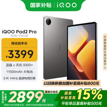 國(guó)家補(bǔ)貼、限地區(qū)：iQOO Pad2 Pro 13英寸 平板電腦（3.1K、天璣9300+、8GB、256GB、WLAN版、灰晶）