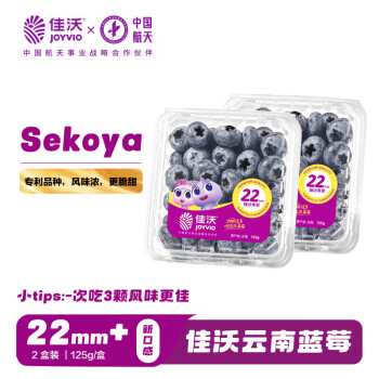 佳沃 云南当季蓝莓sekoya系列 巨无霸22mm+ 2盒装 约125g/盒 生鲜水果