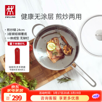 双立人 平底锅煎锅炒菜锅煎蛋煎饼锅牛排锅炸锅不锈钢厨具Nova Plus 24cm