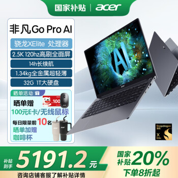 宏碁 非凡Go pro AI 14英寸 轻薄本 灰色（骁龙X Elite、核芯显卡、32GB、1TB SSD、2.5K、120Hz）