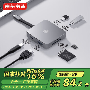 京東京造 usb擴(kuò)展塢type-c 6合1 iPad/蘋(píng)果MacBook 拓展塢 HDMI轉(zhuǎn)換器4K投屏轉(zhuǎn)接頭