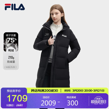 FILA 女士長款羽絨服冬休閑基礎(chǔ)簡約連帽上衣 正黑色-A-BK 165/84A/M