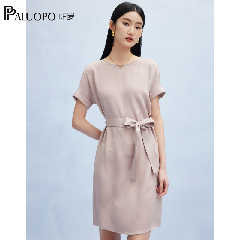 帕羅 PALUOPO 新品22姆米重縐圓領(lǐng)純色短袖連衣裙重磅真絲高腰銷(xiāo)售系帶淑女裙子 ￥409