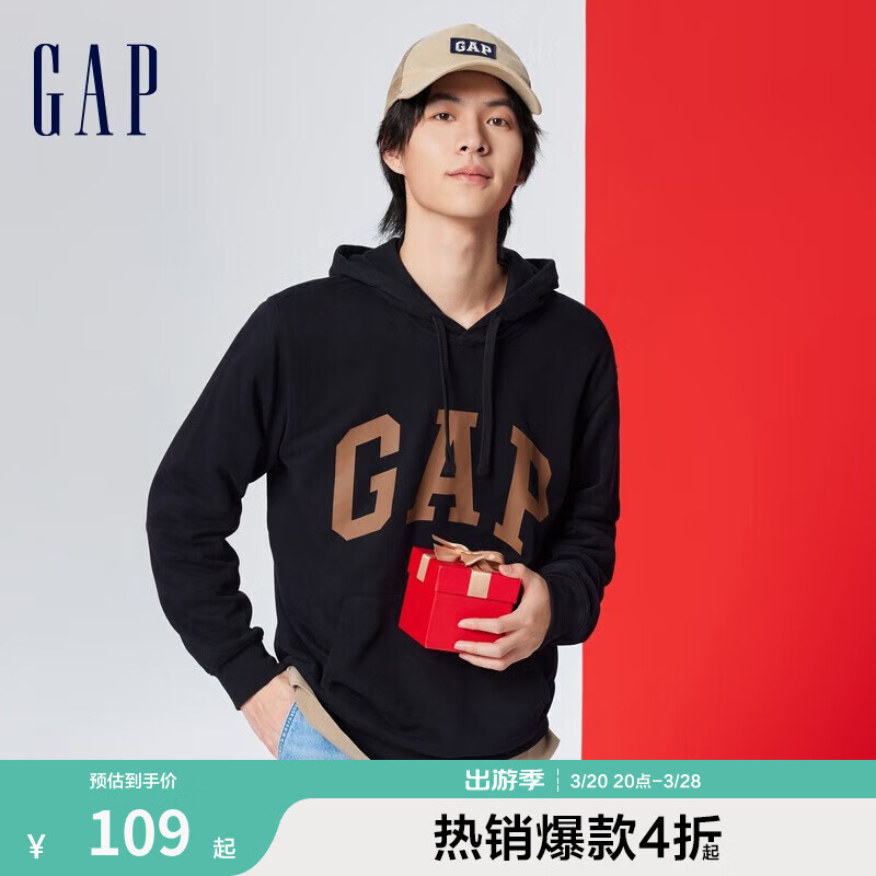 Gap 男女裝春秋L(fēng)OGO美式復(fù)古連帽法式圈織軟衛(wèi)衣892186 黑色 ￥103.55