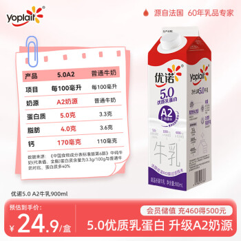 移動(dòng)端、京東百億補(bǔ)貼：優(yōu)諾 5.0 A2β-酪蛋白牛乳 900ml/盒