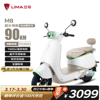 立馬電動車 立馬電動摩托車M8遠(yuǎn)航版 72V20Ah 電摩電動摩托車 外賣上班代步電瓶車素雅白