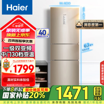 海尔 Haier BCD-223WDPT 风冷三门冰箱 223L 金色