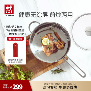 双立人 平底锅煎锅炒菜锅煎蛋煎饼锅牛排锅炸锅不锈钢厨具Nova Plus 24cm