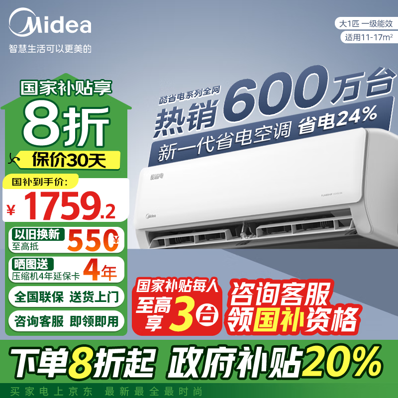 美的 酷省電 KFR-26GW/N8KS1-1P 新一級能效 壁掛式空調(diào) 大1匹 ￥1679.2