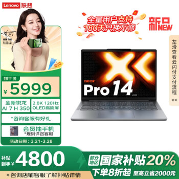 联想 Lenovo 小新Pro 14 AI元启 2025 14英寸 轻薄本 灰色（锐龙AI 7 H 350、核芯显卡、32GB、1TB SSD、2.8K、OLED、120Hz）