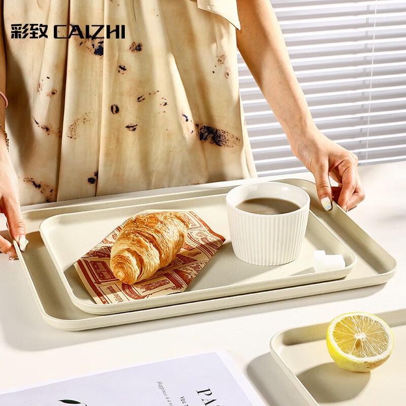 彩致 CAIZHI 長(zhǎng)方形托盤茶盤家用果盤早餐盤收納盤客廳零食盤小號(hào)米黃色CZ6752 北歐風(fēng)托盤-小號(hào)米黃色 6.21元