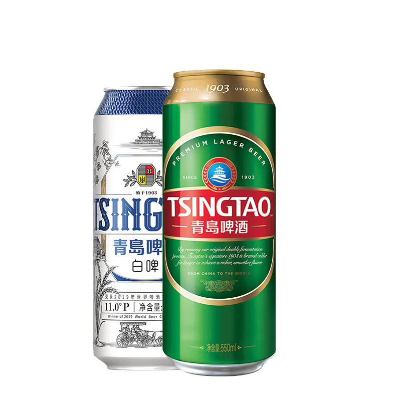 青島啤酒（TsingTao）經(jīng)典（1903）550*15聽(tīng)+白啤500ml*3聽(tīng)組合裝 共18罐 春游露營(yíng) 70.68元包郵