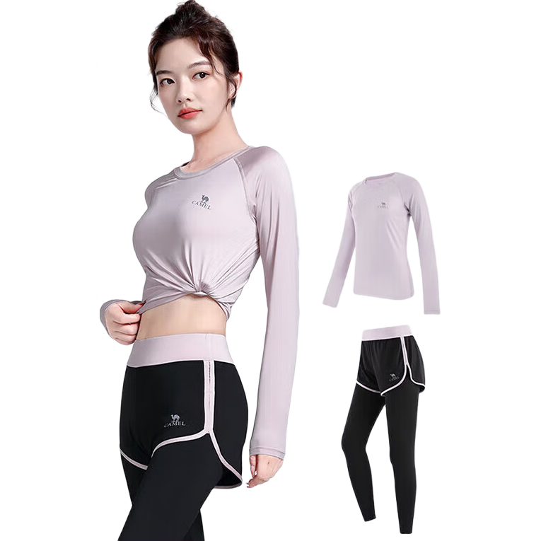 plus、需凑单:骆驼（CAMEL）瑜伽服女长袖休闲健身房运动服套装薄款 YK22265494 薄雾紫 81.56元