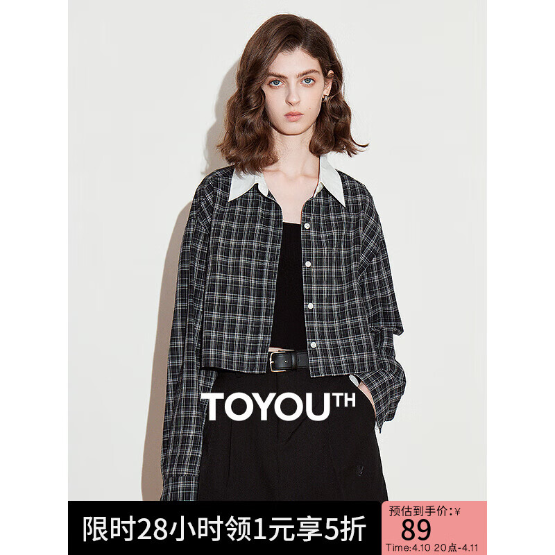 初語 復(fù)古格紋襯衫女撞色時髦高智感襯衣 灰黑格子 M ￥89