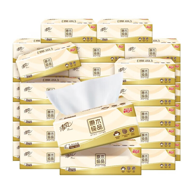 清风 抽纸 原木纯品3层24包100抽 23.9元（需买3件，需用券）