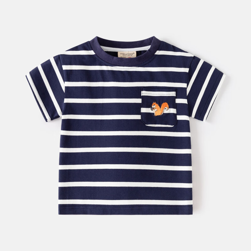 WELLKIDS 男童条纹短袖T恤童装2025新款夏装韩版衣服夏季儿童半袖T恤夏装 藏青底白条绣松鼠 120 券后29.9元