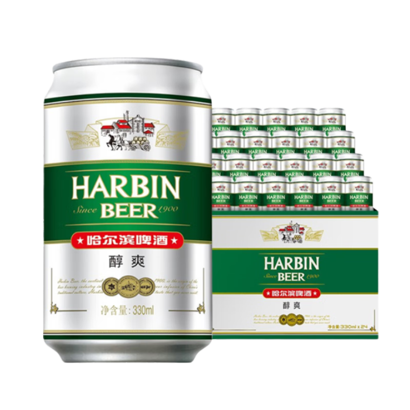 哈尔滨啤酒 醇爽啤酒经典哈啤铝罐啤酒百威集团百年传承纯正风味五一出游 330mL 24罐  29.9元