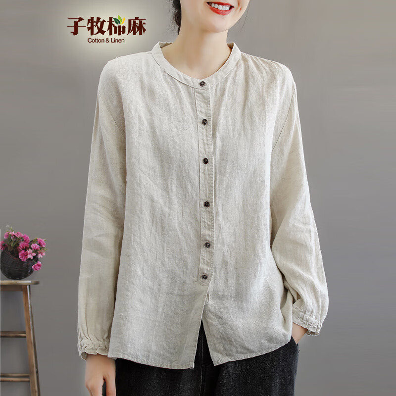 子牧棉麻 復(fù)古中國風(fēng)翻領(lǐng)長袖襯衫 8315 券后31元
