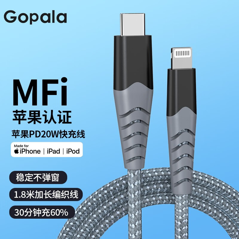 Gopala USB-C轉(zhuǎn)lightning MFi認(rèn)證蘋果數(shù)據(jù)線 PD27W 1.8m 27.63元