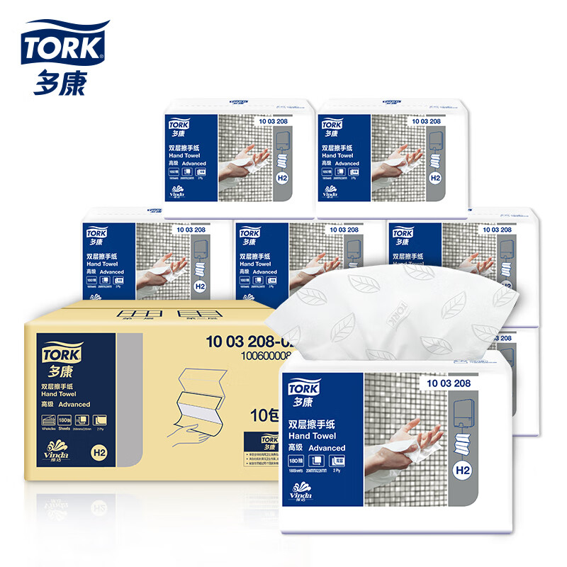 TORK 多康 擦手纸双层 180抽*10包叶子压花 95元（需买2件，满减）