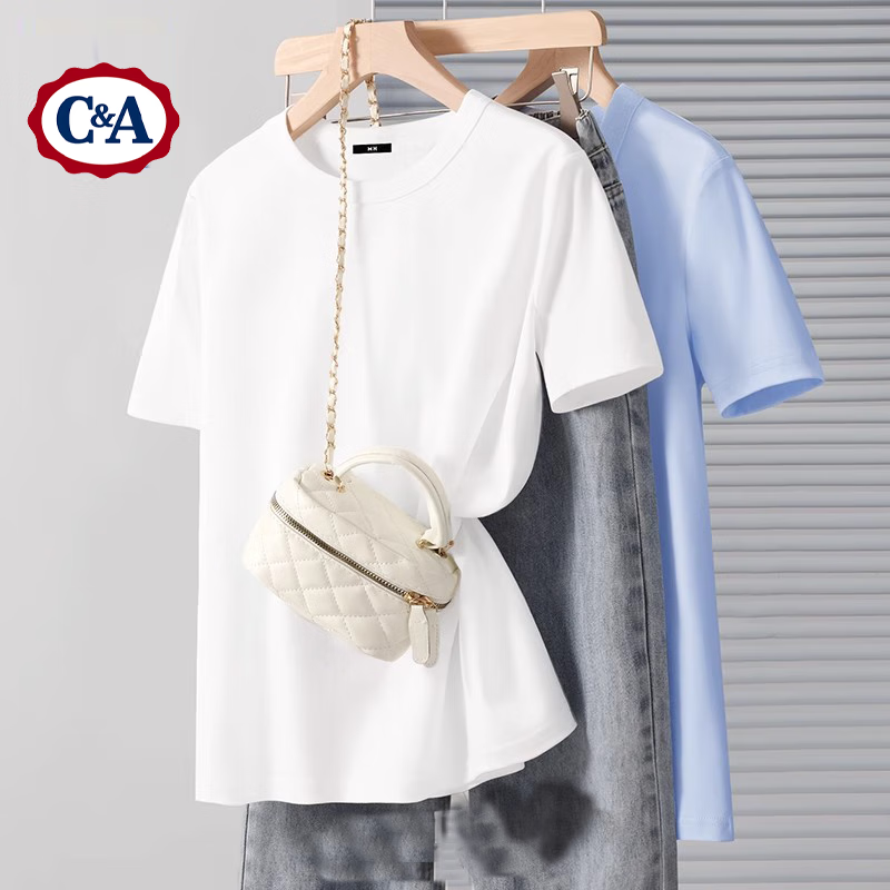 C&A 夏季纯色女款短袖T恤时尚百搭上衣宽松休闲短袖T恤夏款女装T恤 白 M 39.95元