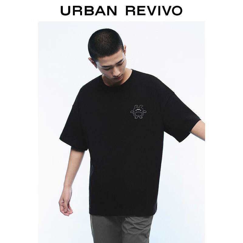 UR UR2025夏季男装时尚休闲立体图案棉质短袖T恤UMM450044 正黑 M 券后77.3元