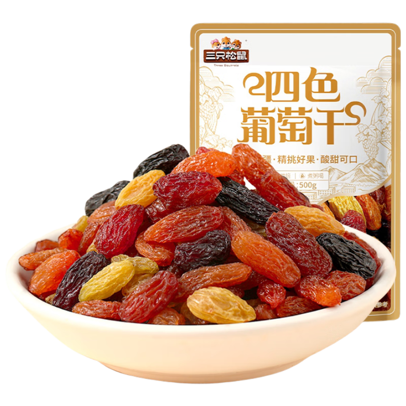 plus會(huì)員：三只松鼠 四色葡萄干500g 果干新疆特產(chǎn)休閑零食無(wú)核葡萄干 12.77元