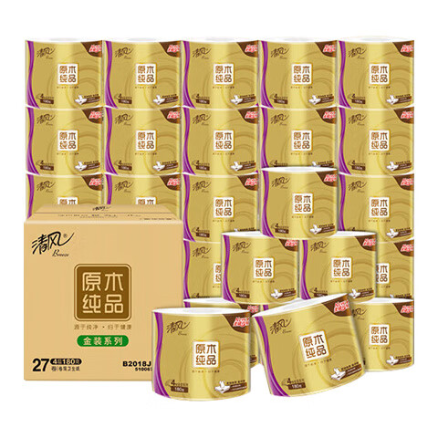 限移动端、京东百亿补贴：清风 有芯卷纸 原木金装 4层加厚180克*27卷 卫生纸卷筒纸 纸巾 整箱 46.9元