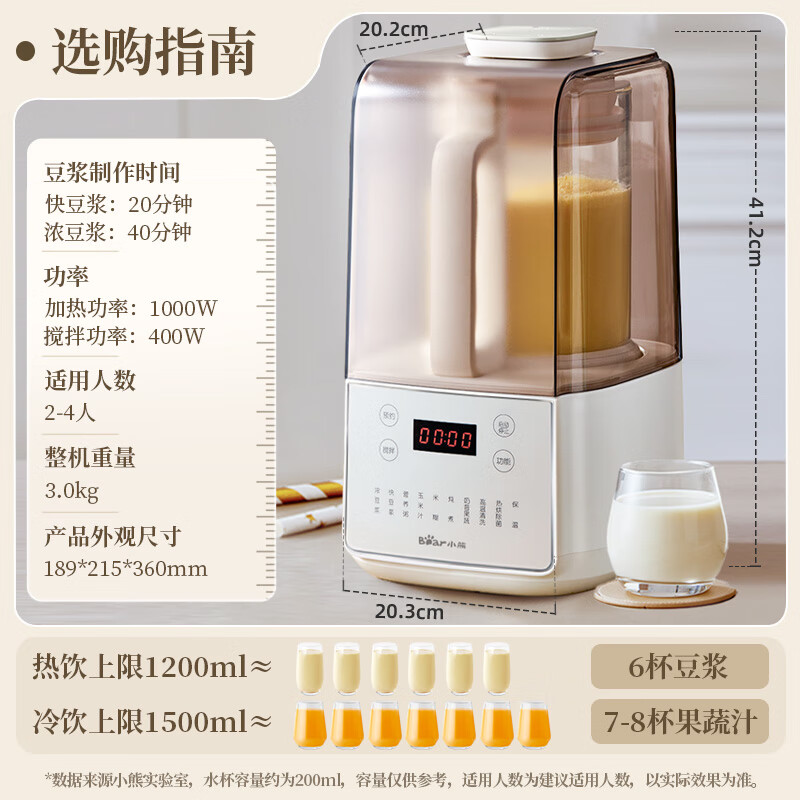 小熊 低音降噪破壁机 1.5L家用豆浆机 预约多功能全自动米糊机 五谷杂粮料理机榨汁PBJ-F01G1 188.13元