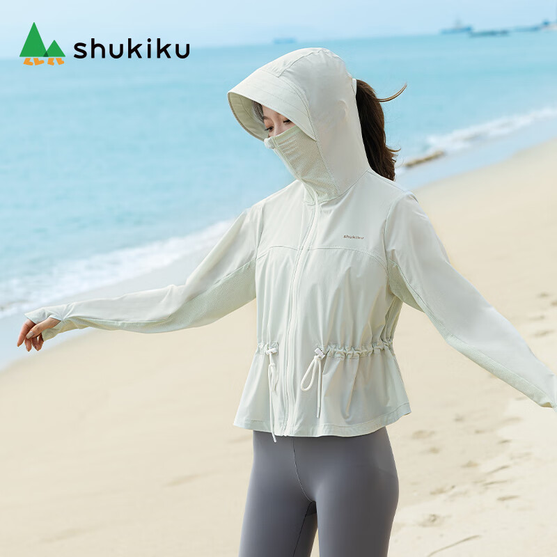 SHUKIKU 防曬衣女涼感透氣連帽皮膚衣2024收腰百搭輕薄戶外防曬服 灰綠 UPF50+ M 券后69元