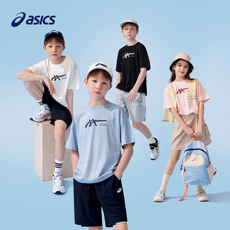 ASICS 亚瑟士 童装2025年夏季新款吸湿速干抗菌宽松落肩舒适运动短袖T恤 券后57元