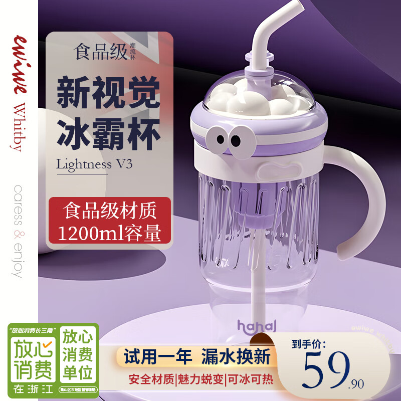 EWIWE潮流出街高顏值新視覺透明質(zhì)感吸管大把手戶外運(yùn)動(dòng)杯食品級材質(zhì) MOMO魅惑紫/帶茶隔吸管/ 1200ml 19.9元（需領(lǐng)券）