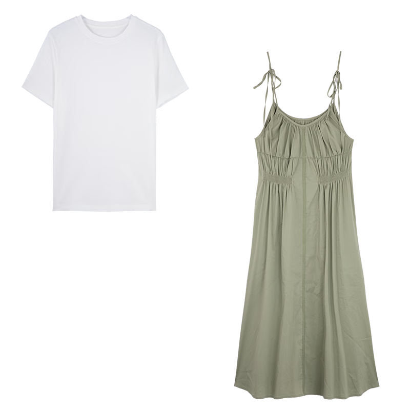 BASICHOUSE/百家好白色短袖T恤女夏季新款压褶吊带连衣裙两件套卡其S 81元（需领券）