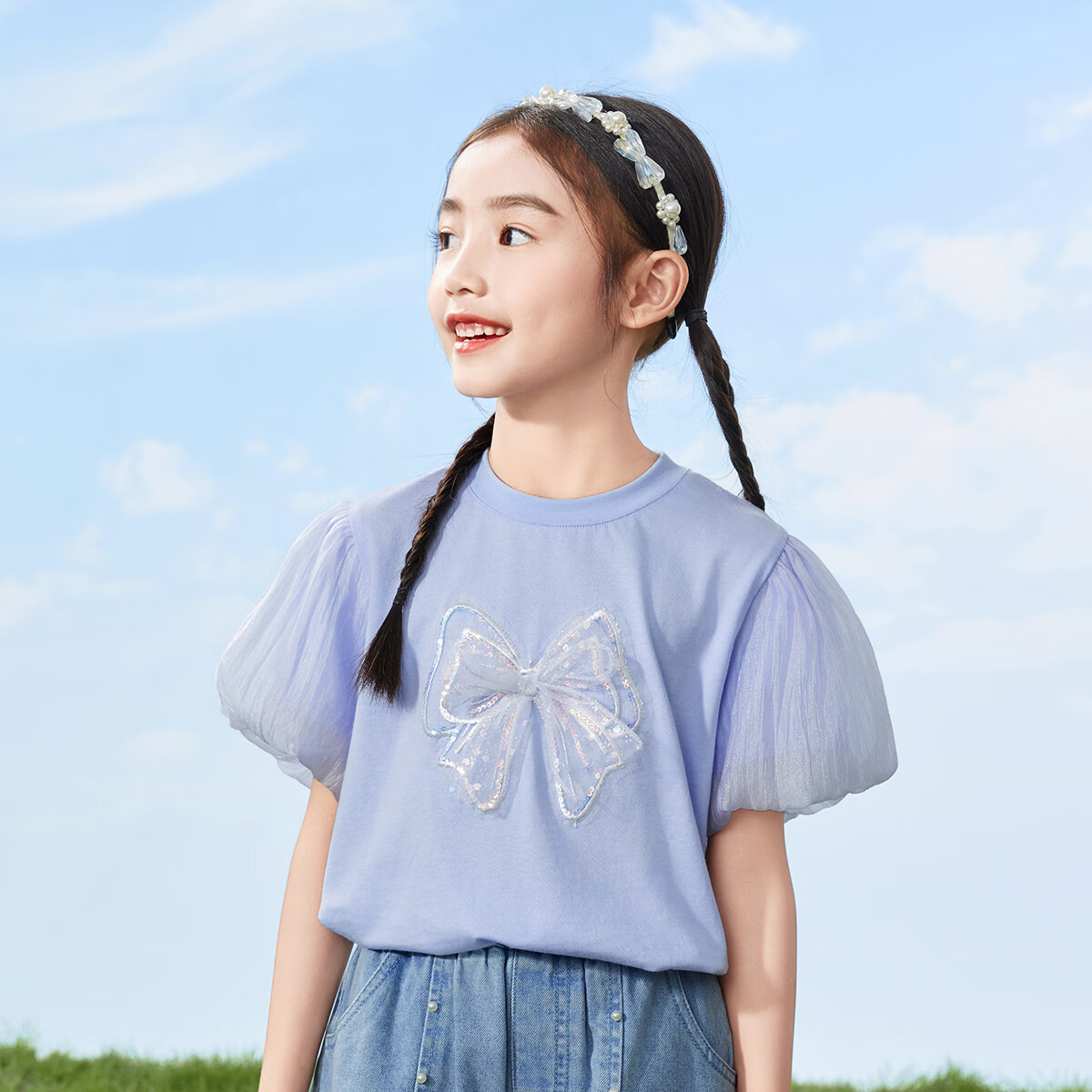 茵曼（INMAN）女童纯棉短袖t恤网纱蝴蝶结 55.92元