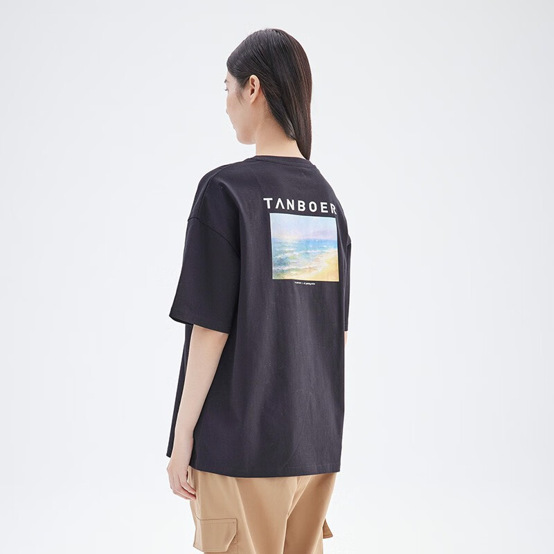 坦博尔 T恤女夏季时尚印花宽松休闲百搭女士短袖TB2020212 黑色 165/88A 券后59元