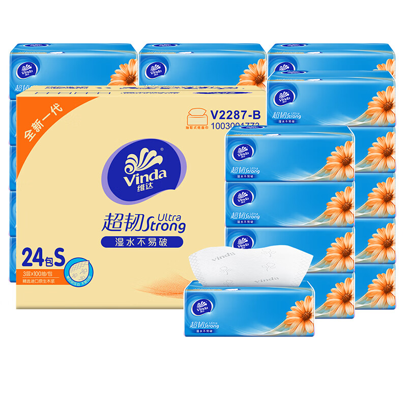 維達(dá) 超韌抽紙 3層*100抽*24包 × 3件 75.7元（需領(lǐng)券，合25.23元/件）