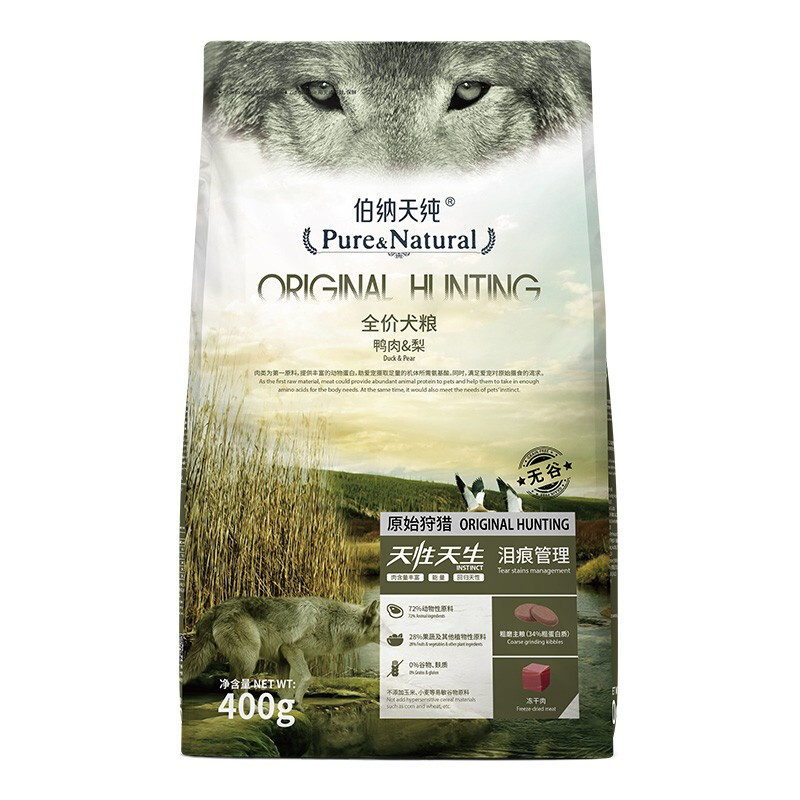 伯纳天纯 原始狩猎系列 鸭肉梨全犬全阶段狗粮 400g 19.9元