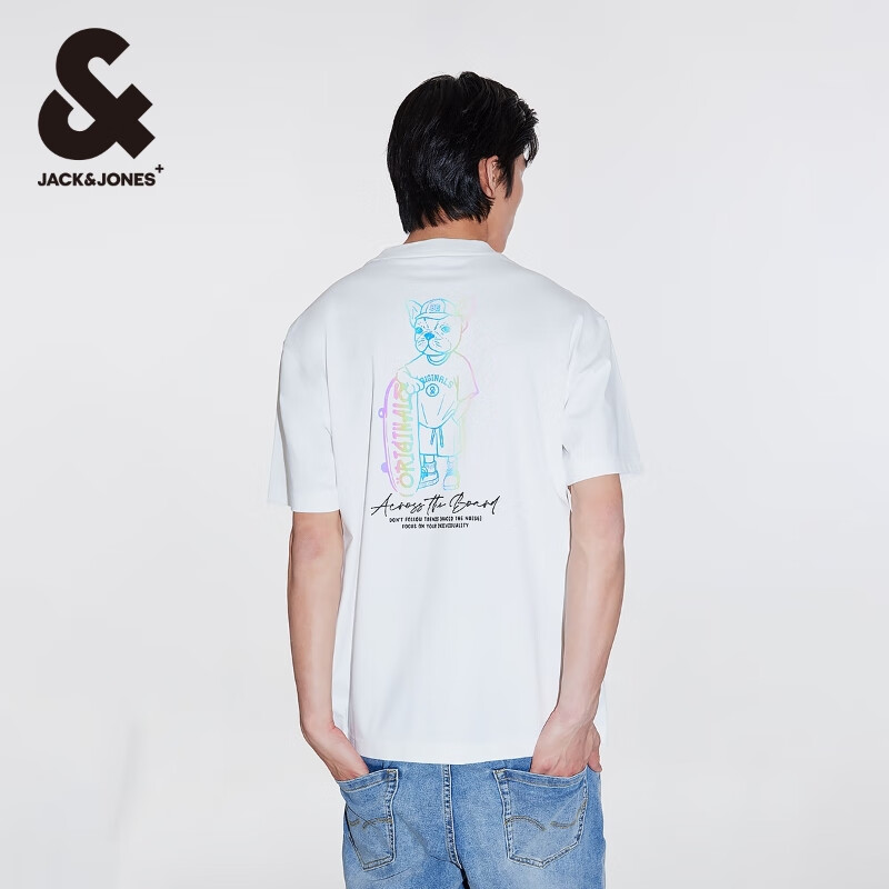 杰克琼斯 杰克·琼斯（JACK&JONES）夏季男装撞色斜纹半袖上衣直筒版圆领短袖T恤 白色224201209 54元