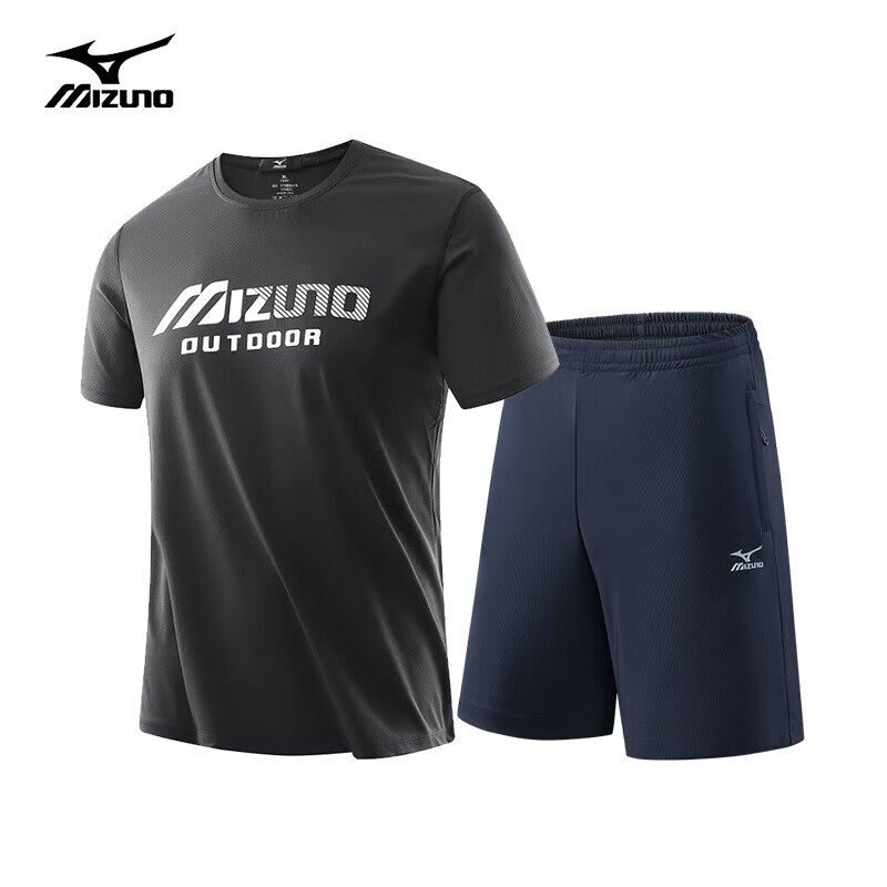 美津浓（MIZUNO）户外套装男夏季透气舒适亲肤半袖短裤套装休闲两件套百搭组合装 黑色 藏青 4XL 199元（需领券）