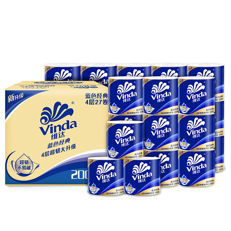 維達(dá)（Vinda）有芯卷紙藍(lán)色經(jīng)典【趙麗穎推薦】4層高克重 家用廁紙卷筒紙箱裝 4層 200g/卷*27卷 66.9 如果有省省卡更低