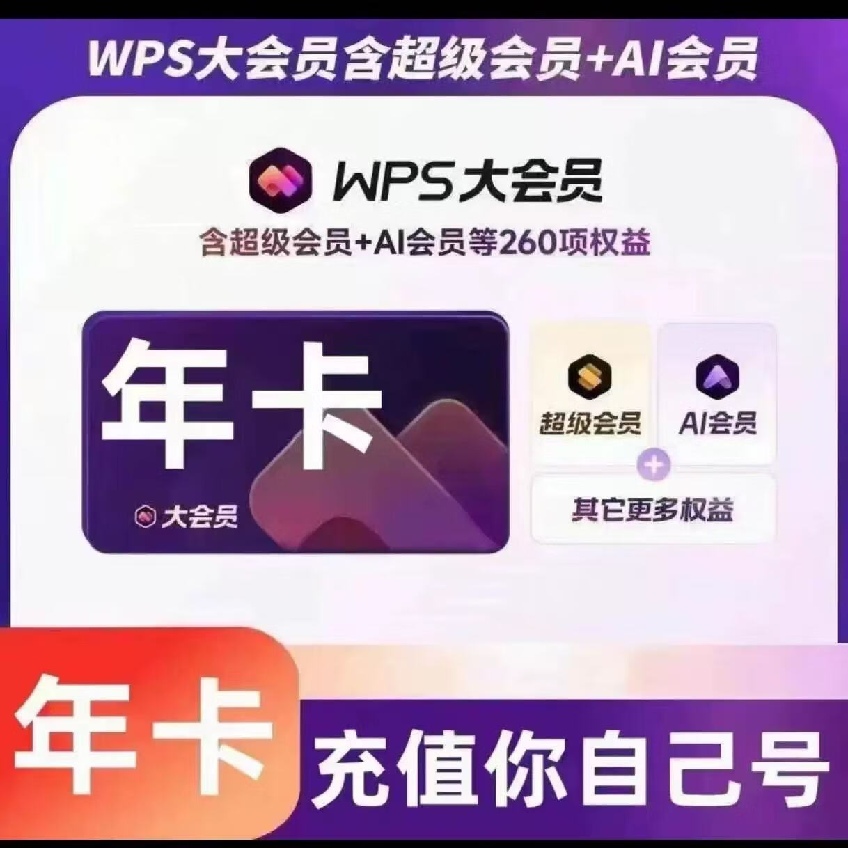 WPS大會(huì)員年卡12個(gè)月含超級(jí)會(huì)員AI會(huì)員所有權(quán)益驗(yàn)證充值WPS大會(huì)員年卡 138元