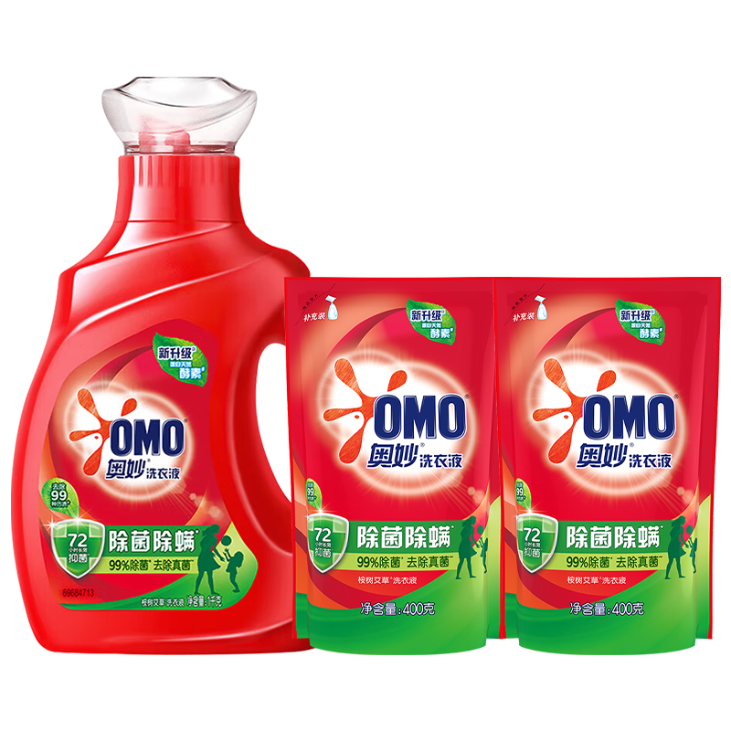 奧妙（OMO）洗衣液濃縮天然酵素持續(xù)留香洗衣液除菌除螨替換裝家庭裝 除菌除螨1000+400g*2袋 10.22元（券后價(jià)）