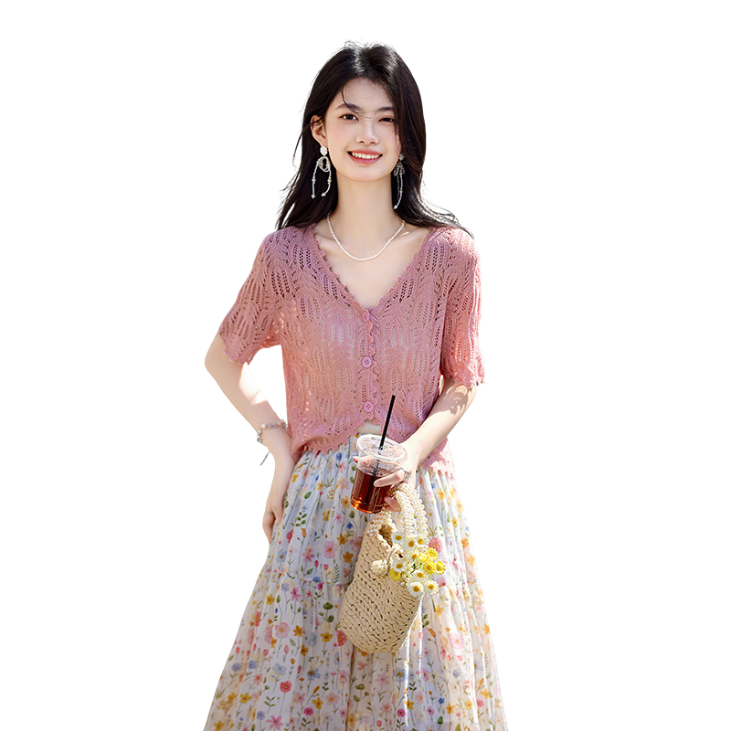 尚靜短袖輕薄針織衫女夏季新款女裝鏤空V領(lǐng)甜美時尚顯瘦百搭上衣女 122.46元（需領(lǐng)券、plus會員和首購）