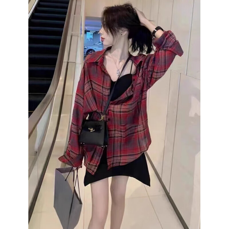 宝娜斯（BONAS）港风女装甜美格子开衫夏季防晒衬衫外套女设计感上衣 黑红色 34.9元（需领券）