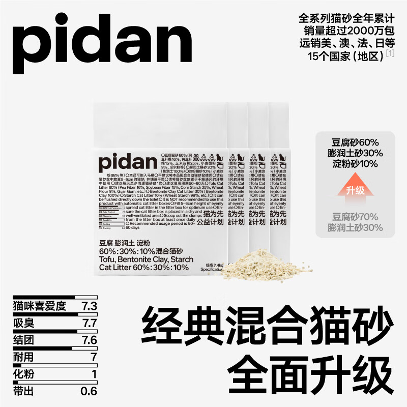 plus：pidan 混合貓砂 經(jīng)典款2.4kg*4包*6件 304元(合50.67元/4包)