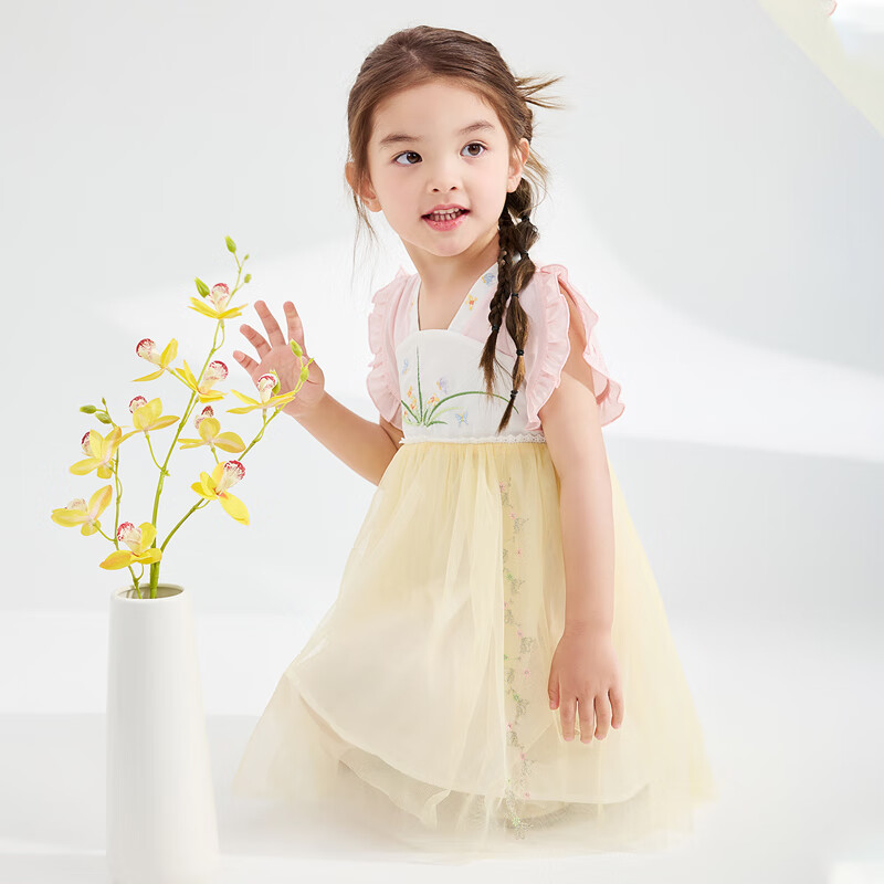 笛莎 童裝蘇博聯(lián)名“國(guó)風(fēng)繡花”網(wǎng)紗連衣裙 泡芙粉 兩色可選 69.5元