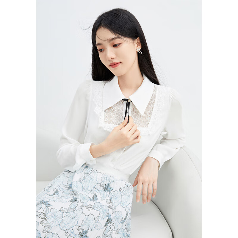 秋水伊人拼接撞色衬衫女春季新款女装翻领纯色上衣女  48元（需领券）