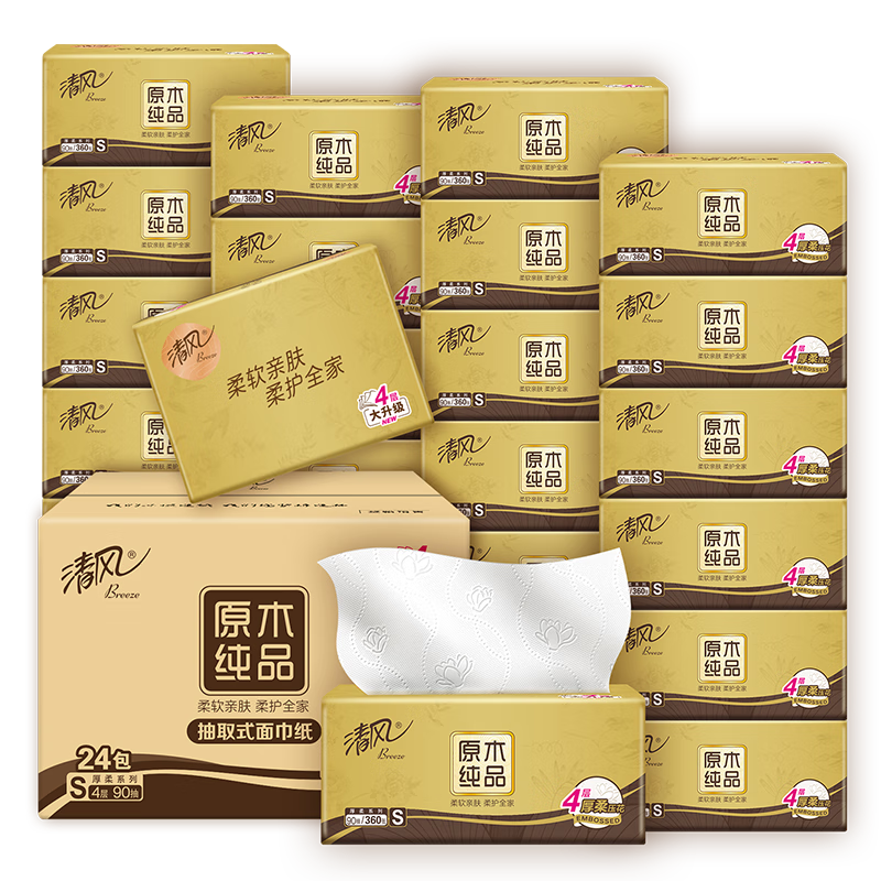 再降價(jià)：清風(fēng)抽紙 金裝抽紙 4層90抽*24包*4件 105.08元（需領(lǐng)券，合26.27元/件）