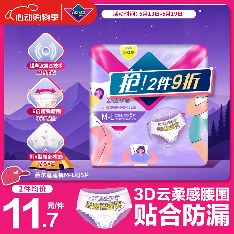 京東PLUS：Libresse 安心褲安睡褲 云感舒適蓬蓬褲 M-L碼5片裝 8.66元（30.96元/3件）